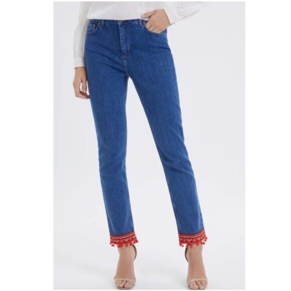 Talbots Blue Ankle Jeans with Red Embroidered Fringe